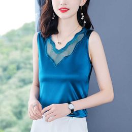 Summer Silk Tank Top Women Korean Fashion Satin Office Lady Lace Solid Plus Size XXXL/4XL Black Clothing for 210531