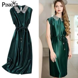 Woman Dress Satin Loose Elegant Straight Solid Luxury Shiny Imitation Silky Dresses Green Robe summer plus size 4XL 210421