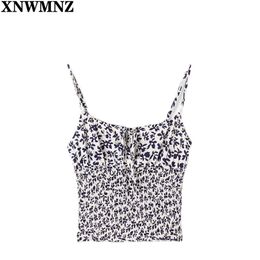 Vintage Navy Floral Print Slim Women Top Fashion Summer Tank Elastic Spaghetti Straps Female Camis chic tops 210520