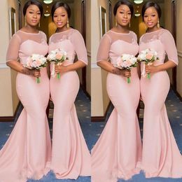 maid honor dresses lace neck Canada - Blush Pink African Nigerian Mermaid Bridesmaid Dresses with Sleeve 2021 Sheer Lace Neck Plus Size Maid of Honor Wedding Guest Gown