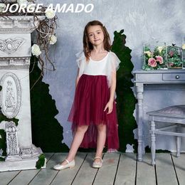 High Low Lace Flower Girl Dress Style Gauze Flare Sleeve Princess Dresses for Wedding Party Perform Kids Clothes E17127 210610