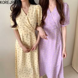 Korejpaa Women Dress Korean Chic Summer Temperament Gentle Floral V Neck Cross-tie Waist Short-sleeved Chiffon Midi Vestido 210526