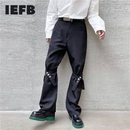 IEFB Spring Summer Handsome Designniche Pants Men's Streetwear Black Fold Front Trousers Lace Up Bottoms 9Y5464 210524