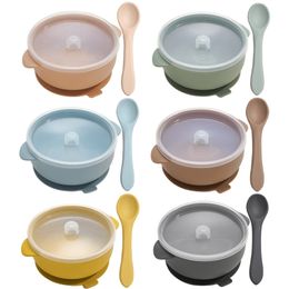 High Quality Silicone Baby Sucker Bowl With Lid BPA Free Waterproof Toddler Plate Set Portable Silicone Spoon For Kids 211027