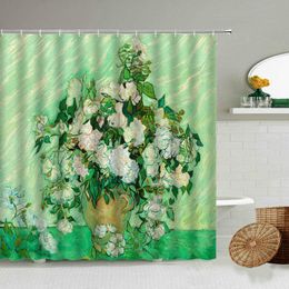 Shower Curtains European Retro Oil Painting Art White Rose Curtain Colorful Flowers Bathroom Wall Decoration With Hook Waterproof Screen