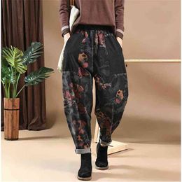 Arrival Spring Autumn Arts Style Women Elastic Waist Vintage Print Loose Pants Big Pocket Casual Harem Plus Size S482 210512