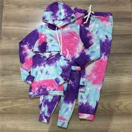 Girlymax Fall Winter Baby Girls Children Clothes Mommy & Kids Tie Dye Hoodie Boutique Loungewear Pants Sets Clothing 210724