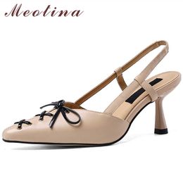 Meotina Pointed Toe Slingbacks Shoes Women Genuine Leather High Heels Bow Stiletto Heel Pumps Office Ladies Footwear Beige 210608