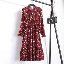 Autumn Women Dress For female Long Sleeve Red Black Floral Polka Dot Vintage Chiffon Shirt Casual Winter Midi es 210526