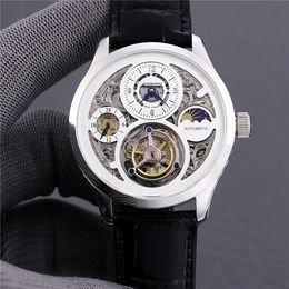 Men's watch diameter 42mm thick 13mm manual hollow complex function true tourbillon GMT two time zone display 24 hours sun moon and stars 316 fine steel case