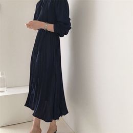 Spring Summer High Waist Korean Oversize Elegant Lace Up Pleated Long Dress Women's Shirt Dresses 210430