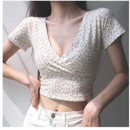 Floral Crop Top T-Shirt Female V-Neck Short Sleeve T-shirts For Women Fashion High Waist Slim Korean T Shirt 210527