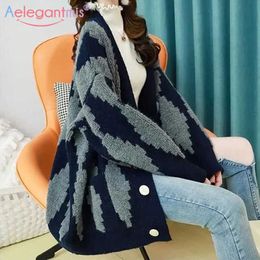 Aelegantmis Vintage Loose Long Sleeve Oversize Cardigan Women Autumn Red Blue Casual Christmas Sweater Knitted Ladies 210607