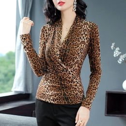 Women's Spring Autumn Style Blouses Shirt Women's Leopard V-Neck Long Sleeve Hollow Out Sequined Korean Slim Tops DD8775 210317