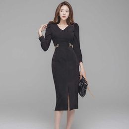 Women Femme Midi Dresses Casual Office OL work Wear Long Sleeve Bodycon Ladies Pencil 210529