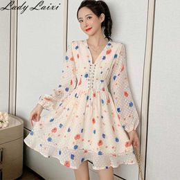 Chiffon Floral Print Long sleeve Mini Dress Summer Boho Sexy Lace Up Bow Women Sundress Casual Elegant Party 210529