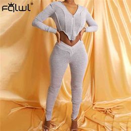 FQLWL Autumn Summer 2 Two Piece Set Women Outfits Zipper Elastic Long Sleeve Crop Top Stacked Pants Leggings Women Matching Sets X0428