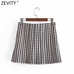 Zevity Women Vintage Plaid Print Hem Pleats Casual Slim Mini Skirt Faldas Mujer Ladies Side Zipper Chic A Line Vestidos QUN772 210603
