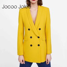 Women Fashion Blazers and Jackets Autumn Long Sleeve Double Breasted Blazer Female Yellow Elegant Suit Office Clothes 210619