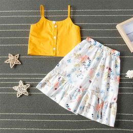 Summer Children Sets Casual Strap Single Breasted Yellow Solid Tops Floral Ruffle Skirt 2Pcs Girls Clothes 1-7T 210629