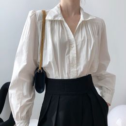 Women Black Big Size Casual Pleated Blouse Lapel Long Puff Sleeve Loose Shirt Fashion Spring Summer 2F0490 210510