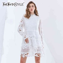 TWOTWINSTYLE Elegant Embroidery White Dress For Women Stand Collar Long Sleeve High Waist Patchwork Lace Slim Dresses Female 210517