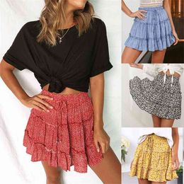 Summer Women's High Waist Ruffled Splicing Floral Skirt Printed Beach A-Line Short Fashion Lace-Up Leopard s 210517