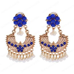 Classic Women's Gold Indian Dangle Earrings Bijoux Summer Ethnic Red Flower Pearl Wedding Earrings Hangers