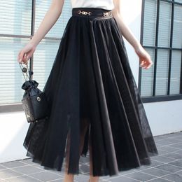 Spring Autumn Women Elastic Waist Casual Solid Colour Over Knee Loose Pleated Tutle Skirt With Metal Chain 16W353 210510