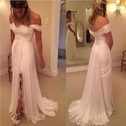 2021 Beach Wedding Dresses Bridal Gown Off the Shoulder Side Slit Ruched Pleats Lace Sweep Train Chiffon Custom Made Plus Size vestidos de novia