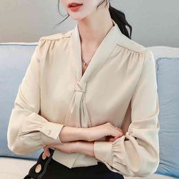 Womens Tops And Blouses Chiffon Blouse Women Shirt Bow V-neck Office Blouse Ladies Tops Long Sleeve Blouse Women Blusas C561 210426