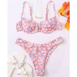 Sexy Swimsuit Foral Printed Underwire Bikini Female Two Piece Swimwear Beachsuit Push Up Beachwear for Bathing Suit Swim 210712