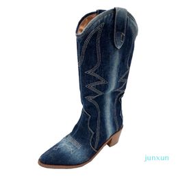 Wholesale-Boots Denim Embroidered Thick Heel Mid-tube Western Cowboy 2021 Pointed Toe Mid-Heel Casual Personality Knight