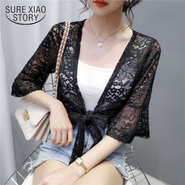 Summer Super Thin Short Sleeve Loose Women Blouse Solid Colour hollow out lace Cardigan Sun Protection Women Blouses 9624 210527
