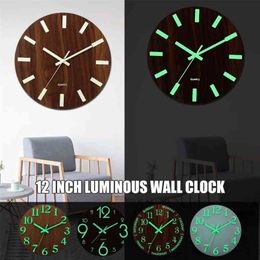 Hot-Luminous Wall Clock,12 Inch Wooden Silent Non-Ticking Kitchen Wall Clocks With Night Lights For Indoor/Outdoor Living Room 210325
