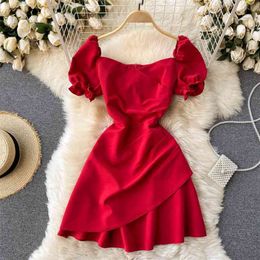 Korean Spring and Summer Fashion Square Neck Wooden Ear Short Sleeve Slim Irregular A-line Dress Casual Vestidos R568 210527
