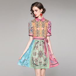 Summer Women Fashion Casual Turn Down Collar Vintage Printing Designer Runway Lady Elegant Slim Office Mini Dress 210514
