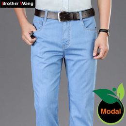 Summer Men's Light Blue Thin Jeans Modal Fabric High Quality Business Casual Stretch Jean Trousers Male Brand Pants Dark Grey 210622