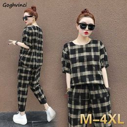 Women Sets Plaid T-shirt Ankle-length Pants Plus Size 4XL Loose Chic Outfits Fashion Korean Style Slim Harajuku Hip-hop Ulzzang Y0625