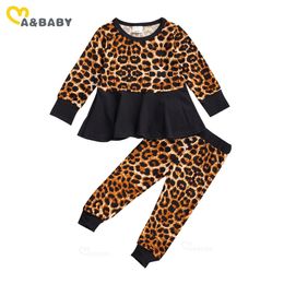 9M-5Y Kleinkind Kleinkind Kind Baby Mädchen Leopard Kleidung Set Rüschen Tunika T-shirt Tops Hosen Outfits Kinder Herbst Kostüme 210515