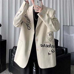 Apricot Letters Graffiti Oversized Blazer Women Jacket Coat Loose Streetwear Spring Outerwear Korean Style Office Lady 211006