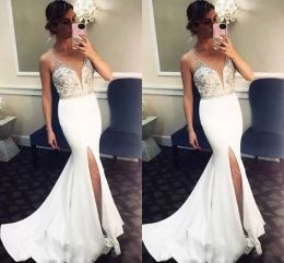 2022 White Evening Dresses Mermaid Lace Applique Beaded Straps Sweep Train Custom Made Formal Prom Party Gown Side Slits vestidos
