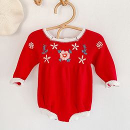0-2Yrs Infant Baby Girls Embroider Knit Rompers Clothing Autumn Winter Kids Girl Long Sleeve Clothes 210429