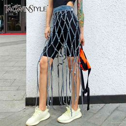 Denim Skirt For Women Loose Hollow Out Designer Patchwork Asymmetrical Streetwear Skirts Female Summer Clothes 210521