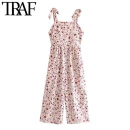 Women Chic Fashion Floral Print Pockets Wide Leg Jumpsuits Vintage Backless Bow Tie Straps Female Playsuits Mujer 210507