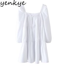 Spring Women Poplin Mini White Dress Female Long Sleeve Square Neck Casual Loose Plus Size Vestido 210514