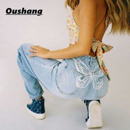 Oushang Jeans Women Baggy Harajuku Straight Leg Casual High Waist Y2K Pants Streetwear Denim Cotton Trouser 210708