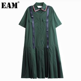 [EAM] Women Green Contrast Color Pleated Big Size Dress Lapel Short Sleeve Loose Fit Fashion Spring Summer 1DD7476 21512
