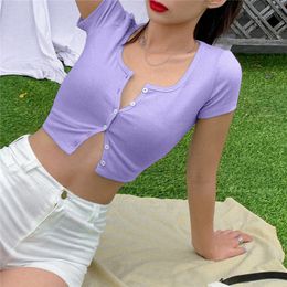 NEW Summer Sexy Women Ladies Tee tops solid plain button up crop tops Short sleeve V Neck Slim T Shirt Club Cardigan Split Top X0507