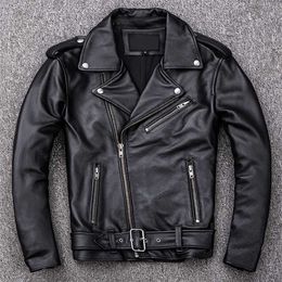 Spring Classical Motorcycle oblique zipper Jackets Men Leather Jacket Natural Calf Skin Thick Slim Cowhide Moto Jacket man 211222
